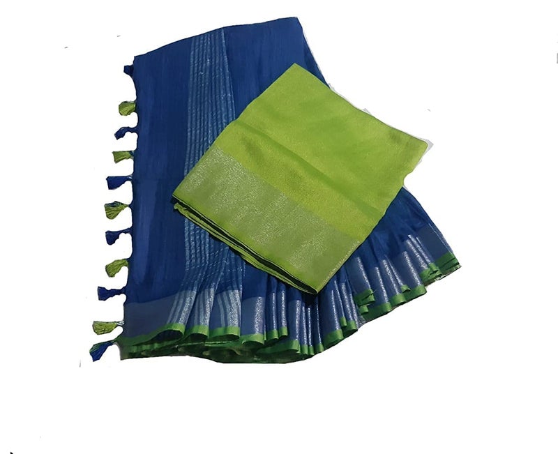 SheenKraft Bhagalpuri Linen Handloom Cotton Blend Saree for Women (Blue-Parrot Green) - Image 3