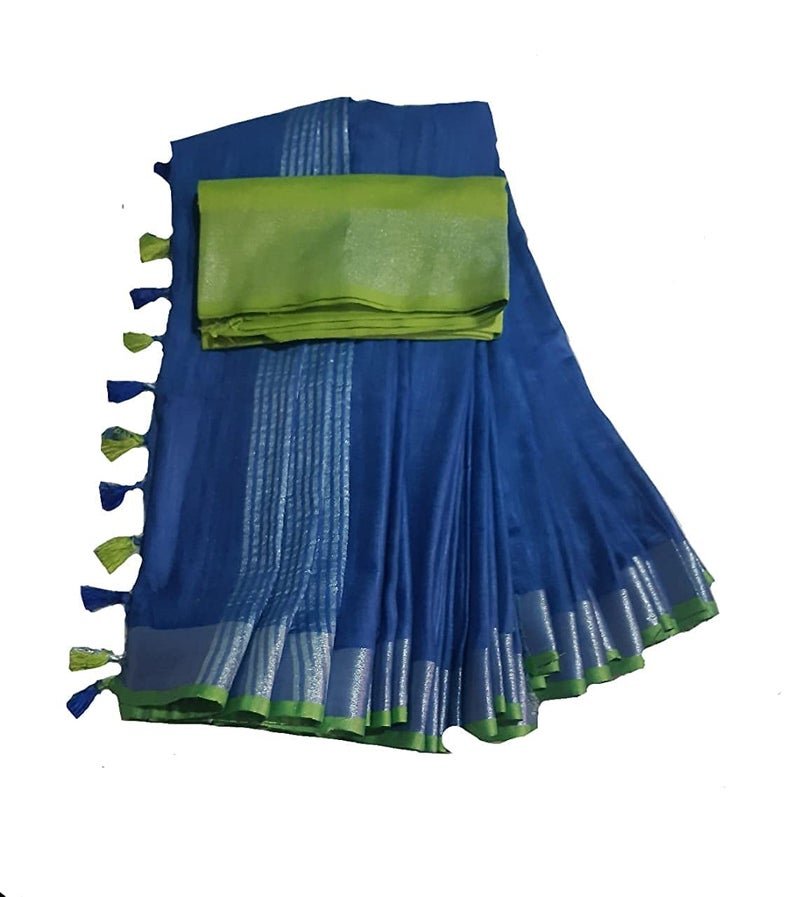 SheenKraft Bhagalpuri Linen Handloom Cotton Blend Saree for Women (Blue-Parrot Green) - Image 4