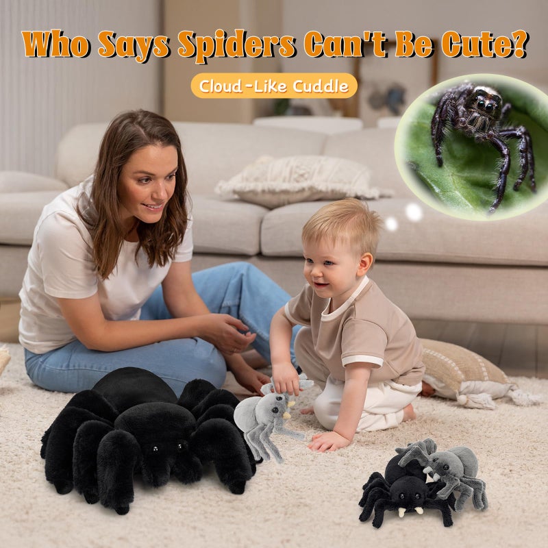 MorisMos 4Pcs Large Spider Plush, 16 Inch Mommy Spider Stuffed Animals with 3 Baby, Soft Cuddly Pillow Plush Gifts for Kids Boys Girls, Black - Image 4