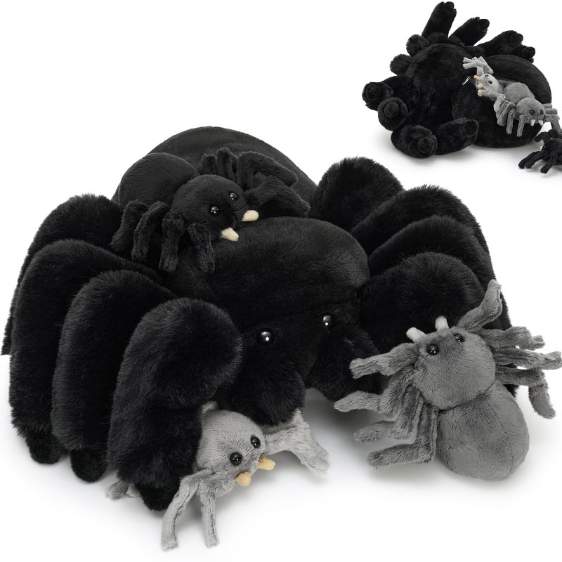 MorisMos 4Pcs Large Spider Plush, 16 Inch Mommy Spider Stuffed Animals with 3 Baby, Soft Cuddly Pillow Plush Gifts for Kids Boys Girls, Black - Image 1