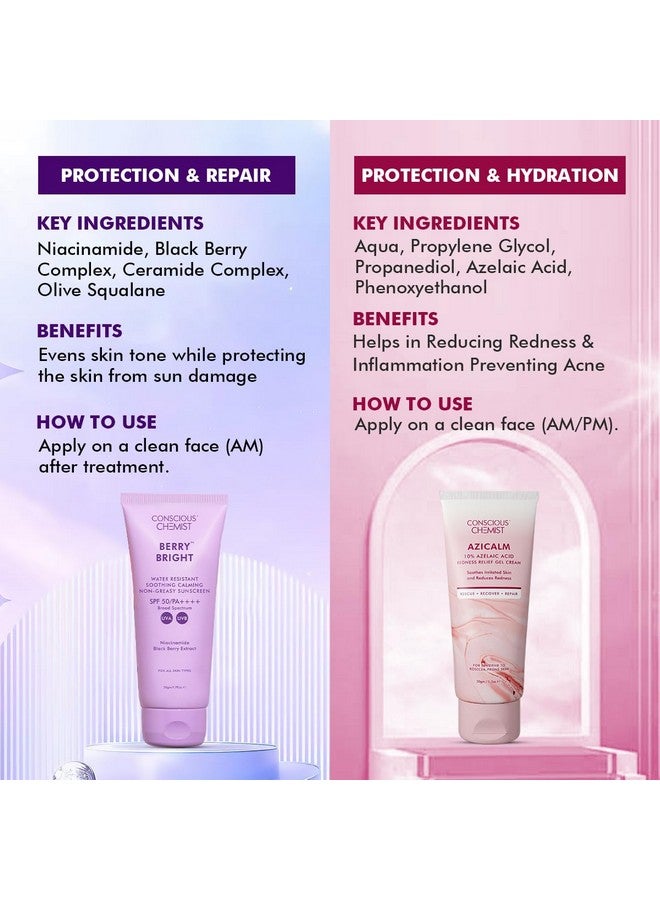 CONSCIOUS CHEMIST مجموعة واقي الشمس وكريم حمض الأزيليك من كونشس كيميست® | SPF 50 PA++++ | 100 جرام | واقي شمس للبشرة الدهنية مع النياسيناميد والتوت الأسود | كريم وجه بحمض الأزيليك 10% للبشرة المعرضة لحب الشباب، تخفيف الاحمرار والعناية المهدئة | لجميع أنواع البشرة - بيري برايت وأزيكاليم - Image 5