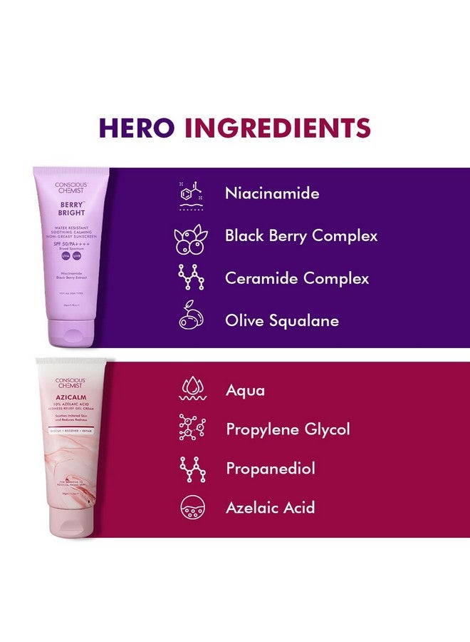 CONSCIOUS CHEMIST مجموعة واقي الشمس وكريم حمض الأزيليك من كونشس كيميست® | SPF 50 PA++++ | 100 جرام | واقي شمس للبشرة الدهنية مع النياسيناميد والتوت الأسود | كريم وجه بحمض الأزيليك 10% للبشرة المعرضة لحب الشباب، تخفيف الاحمرار والعناية المهدئة | لجميع أنواع البشرة - بيري برايت وأزيكاليم - Image 4