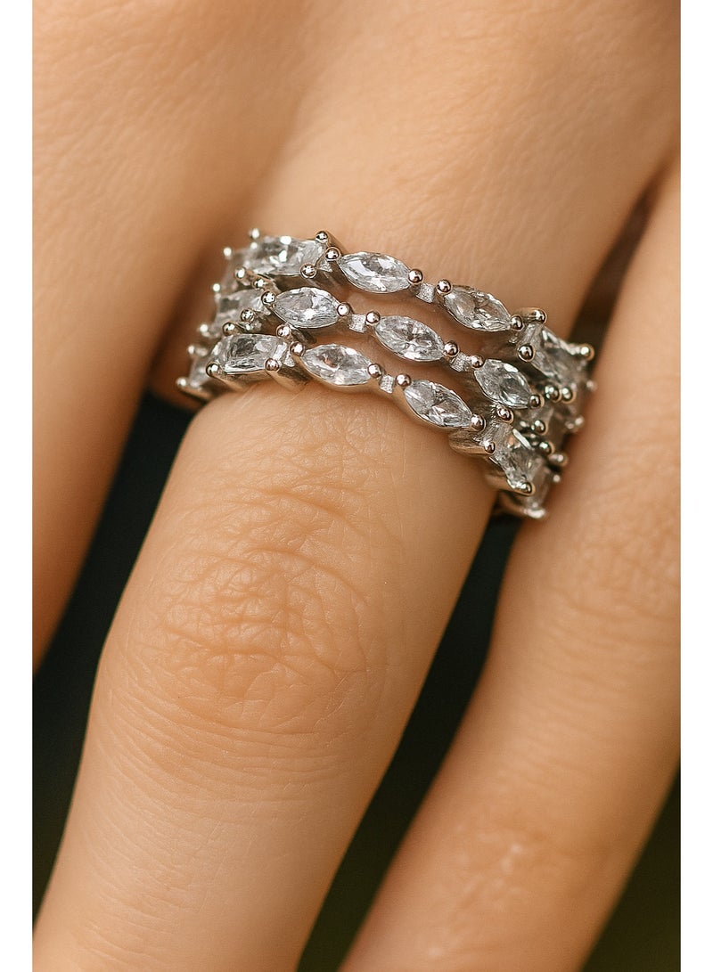 3Diamonds Platinum & Rhodium-Plated Triple Row Ring – Marquise & Baguette Zircon, Adjustable - Image 3