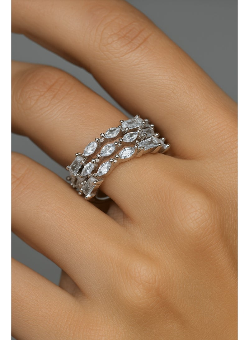 3Diamonds Platinum & Rhodium-Plated Triple Row Ring – Marquise & Baguette Zircon, Adjustable - Image 2