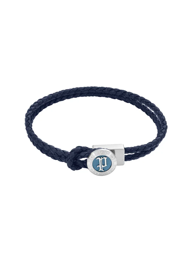 بوليس POLICE Infiniti Bracelet - Gothic Black Double Tour Blue Leather with Antique Disc & Iconic P Emblem - Men's Bold Statement Style