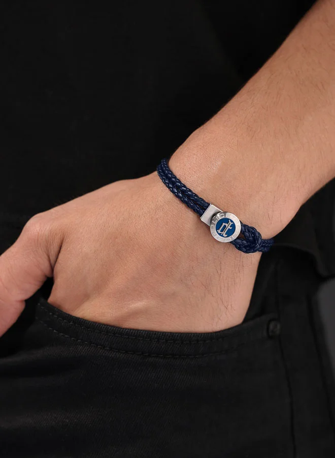 POLICE Infiniti BraceletGothic Black Double Tour Blue Leather with Antique Disc and Iconic P EmblemMen's Bold Statement Style
