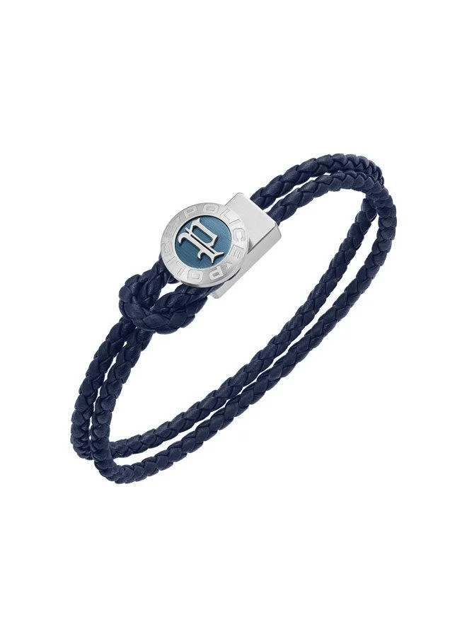 POLICE Infiniti Silver Stainless Steel Blue Leather Braided Bracelet for Men