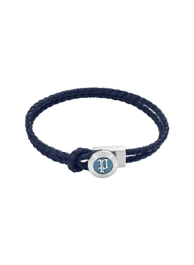POLICE Infiniti Silver Stainless Steel Blue Leather Braided Bracelet for Men