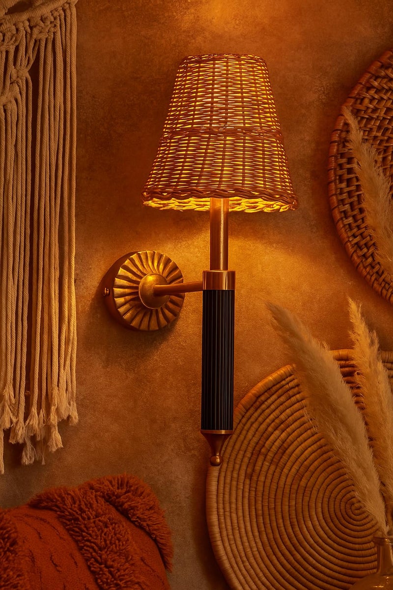 AKWAY Antique Brass Finish Wall Lamps for Living Rooms with Bamboo Shade | Rattan and Cane Wall Lights for Bedroom | Wicker Wall scones (Wicker Odika) - Image 4