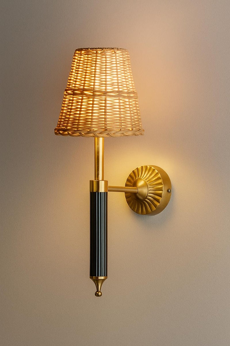 AKWAY Antique Brass Finish Wall Lamps for Living Rooms with Bamboo Shade | Rattan and Cane Wall Lights for Bedroom | Wicker Wall scones (Wicker Odika) - Image 1