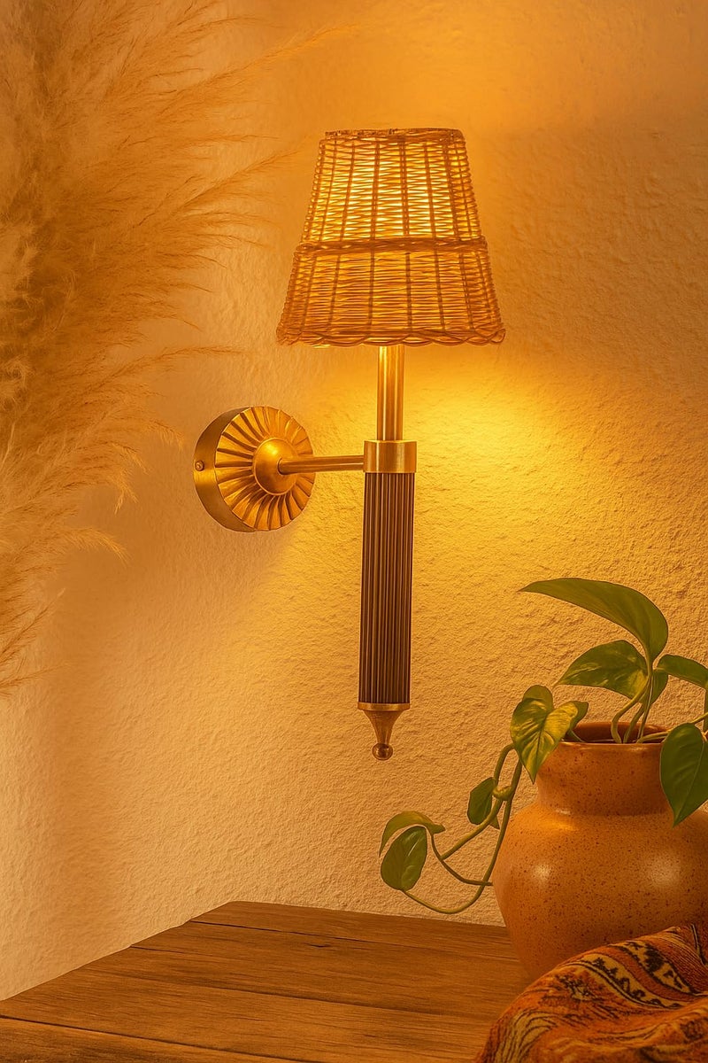 AKWAY Antique Brass Finish Wall Lamps for Living Rooms with Bamboo Shade | Rattan and Cane Wall Lights for Bedroom | Wicker Wall scones (Wicker Odika) - Image 5