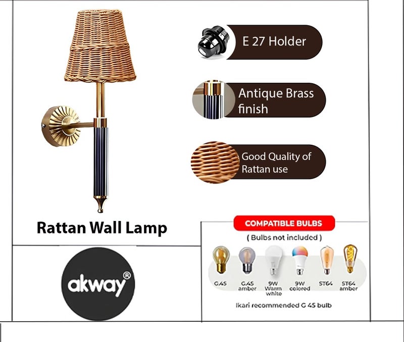 AKWAY Antique Brass Finish Wall Lamps for Living Rooms with Bamboo Shade | Rattan and Cane Wall Lights for Bedroom | Wicker Wall scones (Wicker Odika) - Image 3