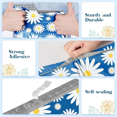 Fuxury Poly Mailers 10x13" 100 Pack Blue Daisy,Self Adhesive Shipping Envelopes Bags for Clothing,Waterproof Durability Mailers Poly Package Shipping Bags for Small Business,Keep Items Protected - Image 5
