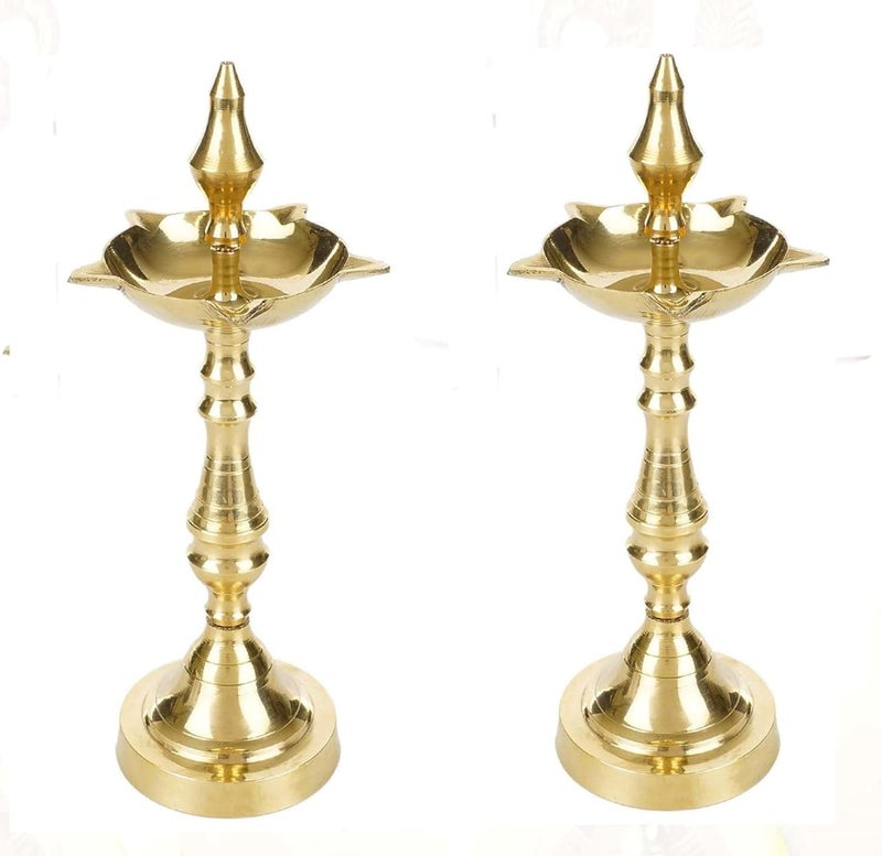SOLINO Brass Traditional Kerala OilGhee Diya Deepak Lamp Designer Long Diyas for Home Pooja Room Pancharti Panchmukhi Pital Diya for Puja Decoration Aarti DiwaliGold Color Pack of 2