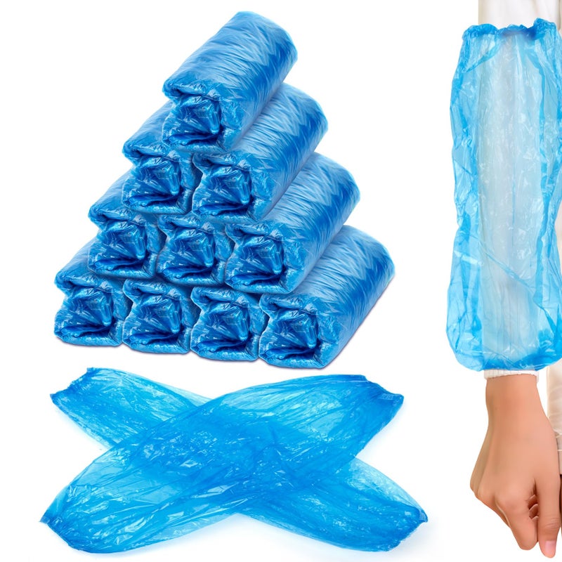 RAINFLOW Disposable Arm Sleeves Covers - 100 Pcs Plastic Sleeve Protectors for Arms Waterproof Oilproof Disposable Oversleeves Covers for Painting, Cleaning, Tattooing, Cooking Blue - Image 1