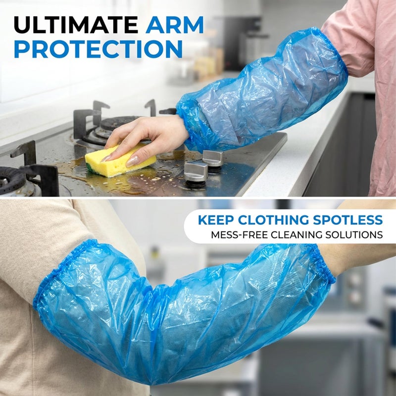 RAINFLOW Disposable Arm Sleeves Covers - 100 Pcs Plastic Sleeve Protectors for Arms Waterproof Oilproof Disposable Oversleeves Covers for Painting, Cleaning, Tattooing, Cooking Blue - Image 4