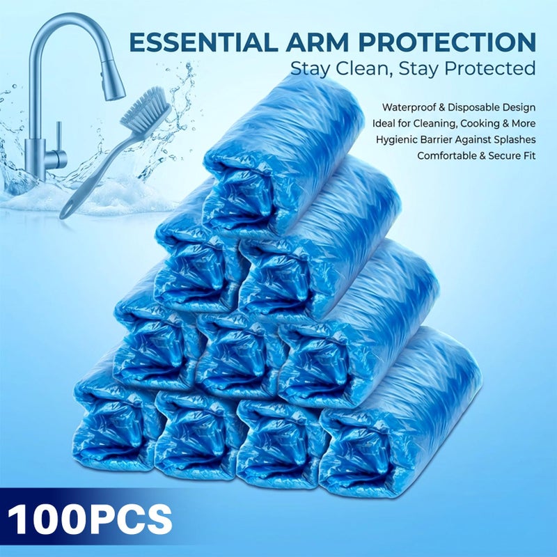 RAINFLOW Disposable Arm Sleeves Covers - 100 Pcs Plastic Sleeve Protectors for Arms Waterproof Oilproof Disposable Oversleeves Covers for Painting, Cleaning, Tattooing, Cooking Blue - Image 5