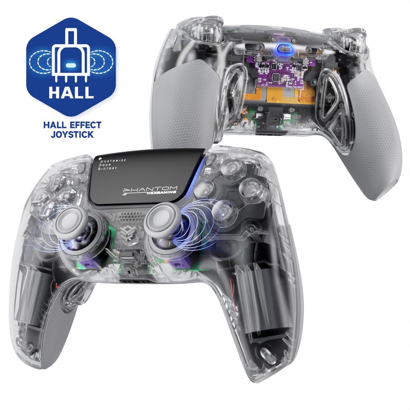 HEXGAMING PHANTOM Pro Controller with 4 Remappable Buttons 6 Remapping Profiles 8 Interchangeable Analog Stick and Adjustable Triggers Compatible with ps5 PC Mobile Hall Effect Explorer Edition