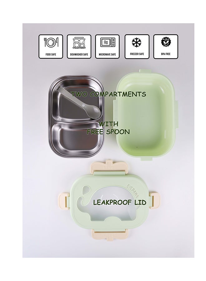 Toshionics Stainless Steel Elephant Lunch Box for Kids 1.4L – Microwave Safe, Leakproof, 2 Compartments, With Spoon, Cute Cartoon Animal Print – School, Daycare, Home, Office, Travel, BPA-Free, Lightweight, Durable, Freezer & Dishwasher Safe – 20x14x5 cm - Image 2