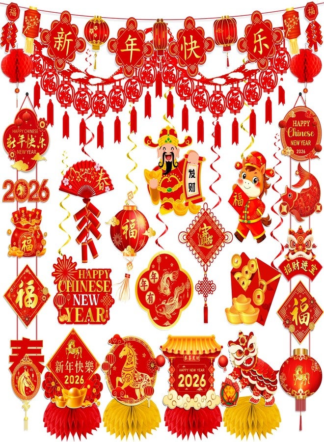 YTGUVBK Chinese New Year Decorations 2026, Lunar New Year Decor Kit include Red New Year Banner,Honeycomb,Spring Festival Hanging Swirls,2026 Wall Hanging Banner,Chinese Knot Tassel for Horse Year Decor - Image 1