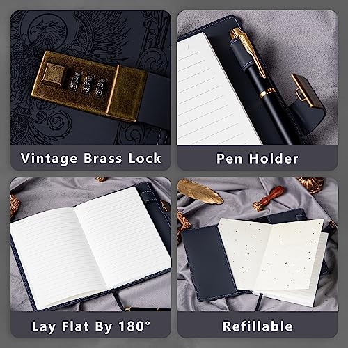 TIEFOSSI Phoenix Journal Notebook with Lock, Vintage Leather Locked Diary, B6 Travel Refillable Ruled Lined Writing Paper, Secret Password Gift Diary for Women Girls Boys - Image 3