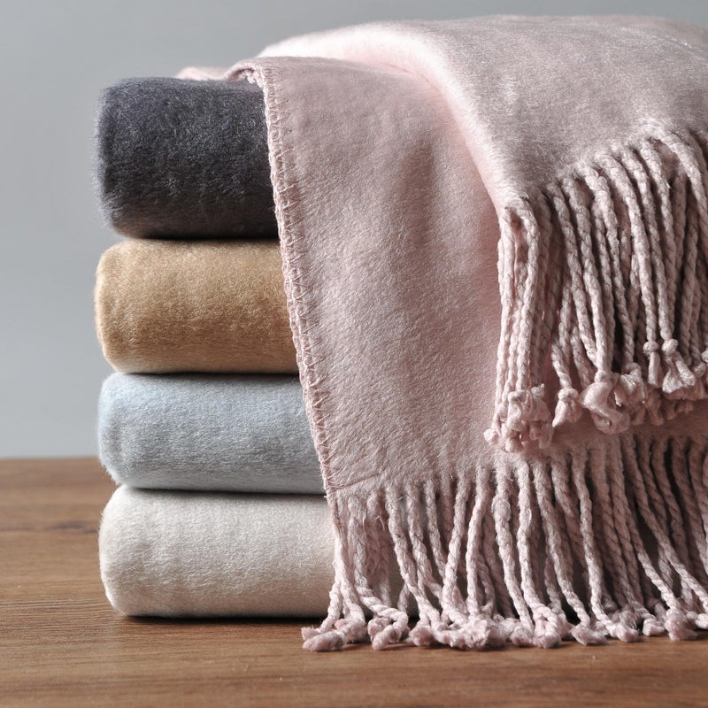 EP Mode Fringed Mulberry Silk Throw Blanket for Sofa Cameo Pink