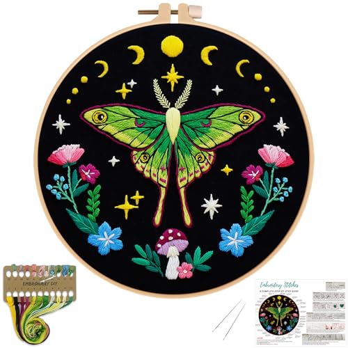 Nuberlic Moth Embroidery Kits for Beginners - Embroidery Starter Cross Stitch Kit DIY Needlepoint Including Cloth with Pattern, Hoop, Needles Instruction and Threads - Image 1