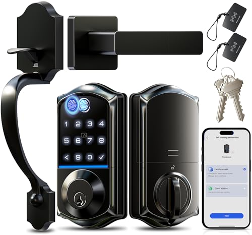 Veise VE017H Fingerprint Smart Front Door Lock Set App Control 8in1 Keyless Entry Deadbolt with Zinc Alloy Handles Emergency Power Port Touchscreen Keypad Auto Lock Easy Install Matte Black - Image 1