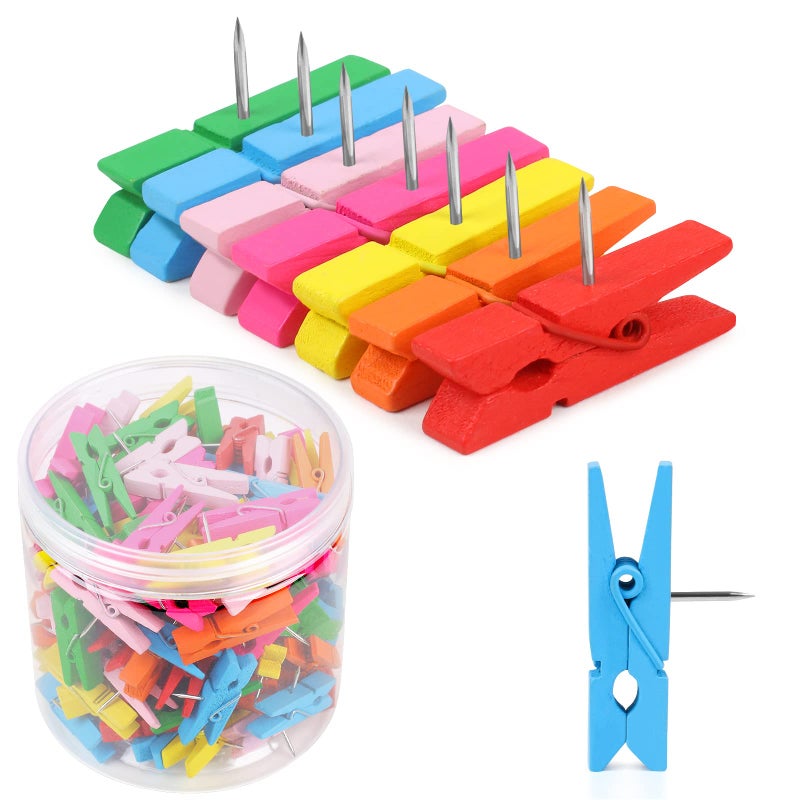 130 PCS Colorful Push Pin with Wooden Clips Durable Wooden Push Pins Decorative Pushpins Tacks Thumbtacks Tacks for Cork Board Artworks Notes Photos Craft Projects Offices and Homes 7 Colors