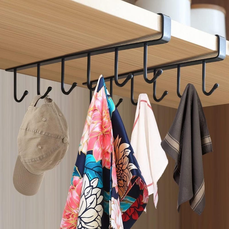 LIMBANI BROTHERS LIMBANI BROTHERS Metal Hook Iron 6 Hook Storage Rack Cabinet Metal Frame Mug Pendant Bathroom Kitchen Support Bedroom Bag Tie Rack black Pack of 2 - Image 1