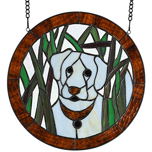 Bieye W10071 White Dog in the Grass Tiffany Style Stained Glass Window Panel, Round Shape, 12 inches Wide - Image 1