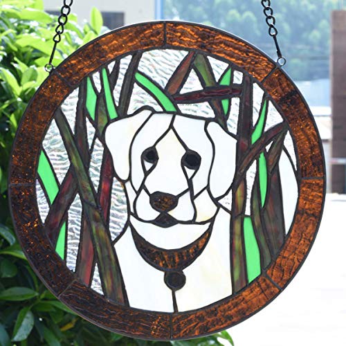 Bieye W10071 White Dog in the Grass Tiffany Style Stained Glass Window Panel, Round Shape, 12 inches Wide - Image 2