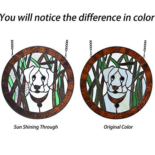 Bieye W10071 White Dog in the Grass Tiffany Style Stained Glass Window Panel, Round Shape, 12 inches Wide - Image 3
