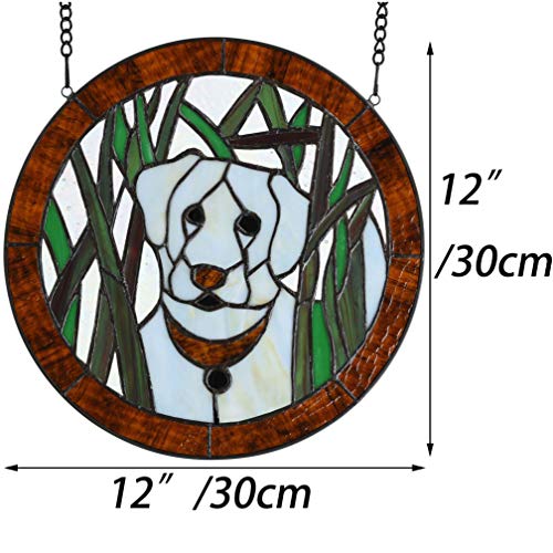 Bieye W10071 White Dog in the Grass Tiffany Style Stained Glass Window Panel, Round Shape, 12 inches Wide - Image 5