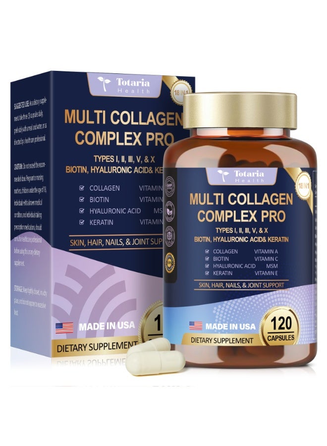 Totaria Multi Collagen Peptides Capsules with Hyaluronic Acid & Biotin ，5 Types (I,II,III,V,X) for Skin, Hair, Nails & Joint Support , 120 Capsules for Women & Men - Image 1