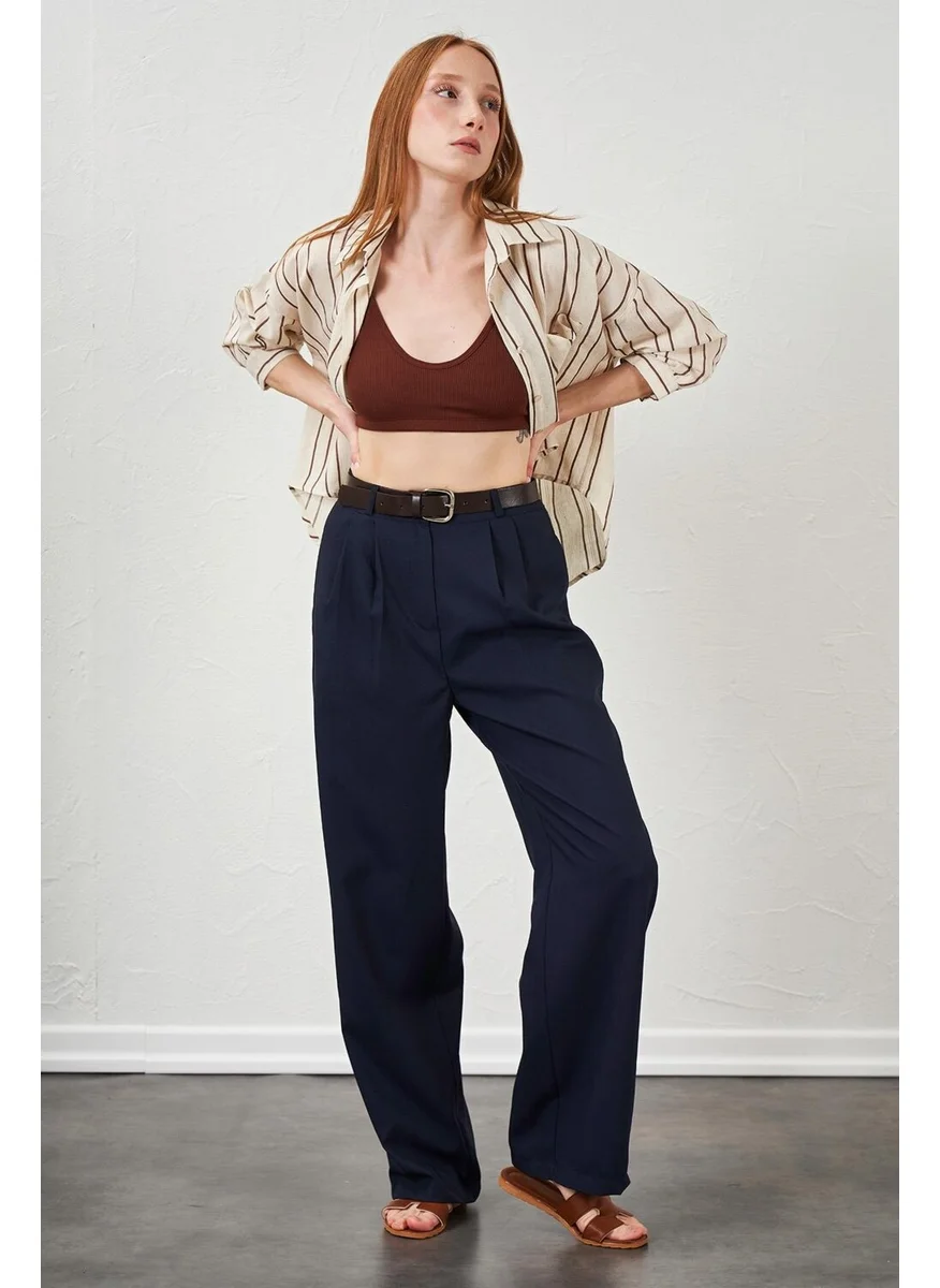 تينا Women's Navy Blue Double Pleated Belted Poly Viscose Palazzo Trousers