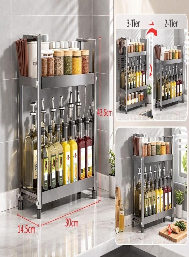 VBM 2 Tier Kitchen Spice Rack Organizer, Stainless Steel Countertop Storage Shelf with Hooks, Oil Bottle & Jar Holder, Multi-Purpose Seasoning Stand, Space Saving Kitchen Cabinet & Pantry Organizer Racks - Image 4