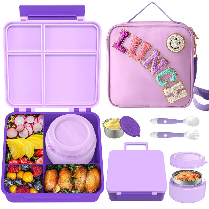 Aimsnk Kids Bento Lunch Box with 8oz Soup Thermo, Kids Leakproof Lunch Food Containers with 4 Compartment, Kids Insulated Hot Food Jar with Lunch Bag for School, Trvael - Image 1