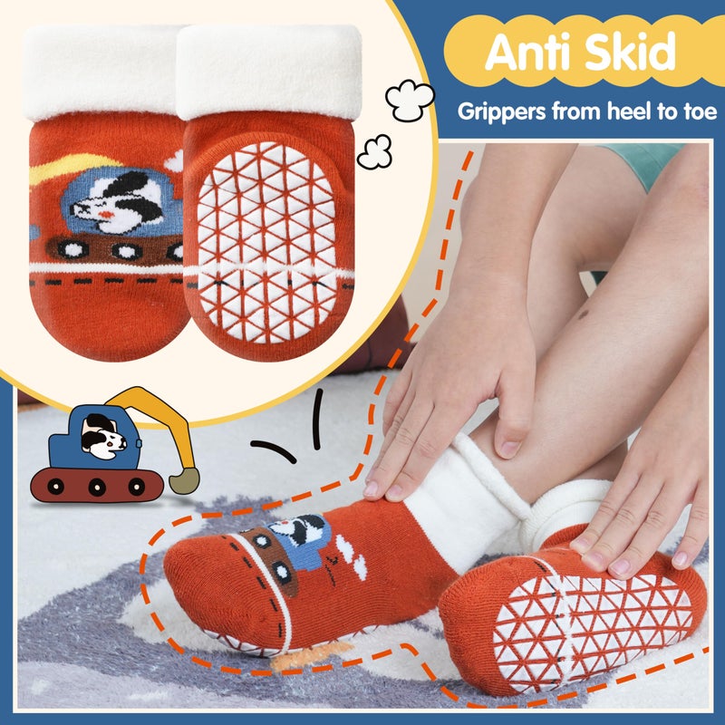 Sandsuced Toddlers Kids Grips Socks Warm Thermal Winter Thick Baby Boys Infants Anti Slip Non Skid Ankle Crew Funny Cartoon Gift Cotton Socks with Grippers 9 Pairs Stocking Stuffers(Puppy & Car,3-5 T) - Image 4