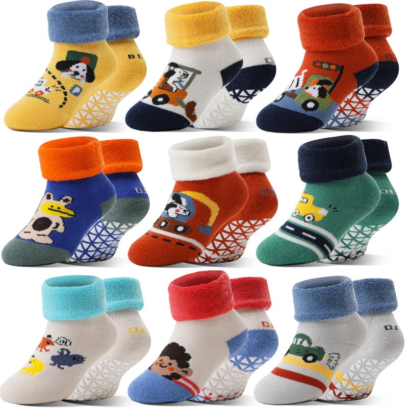Sandsuced Toddlers Kids Grips Socks Warm Thermal Winter Thick Baby Boys Infants Anti Slip Non Skid Ankle Crew Funny Cartoon Gift Cotton Socks with Grippers 9 Pairs Stocking Stuffers(Puppy & Car,3-5 T) - Image 1