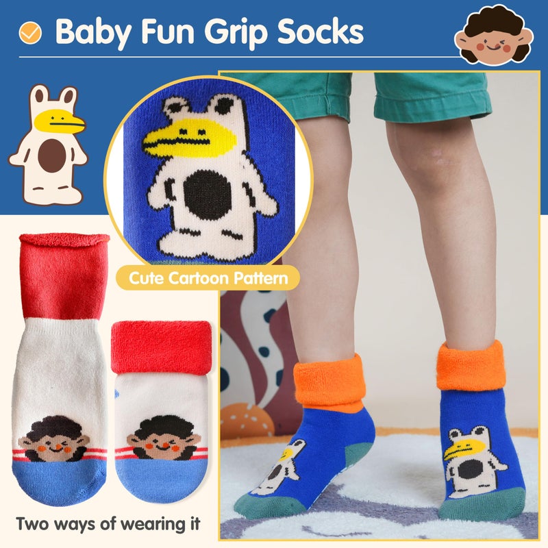 Sandsuced Toddlers Kids Grips Socks Warm Thermal Winter Thick Baby Boys Infants Anti Slip Non Skid Ankle Crew Funny Cartoon Gift Cotton Socks with Grippers 9 Pairs Stocking Stuffers(Puppy & Car,3-5 T) - Image 5