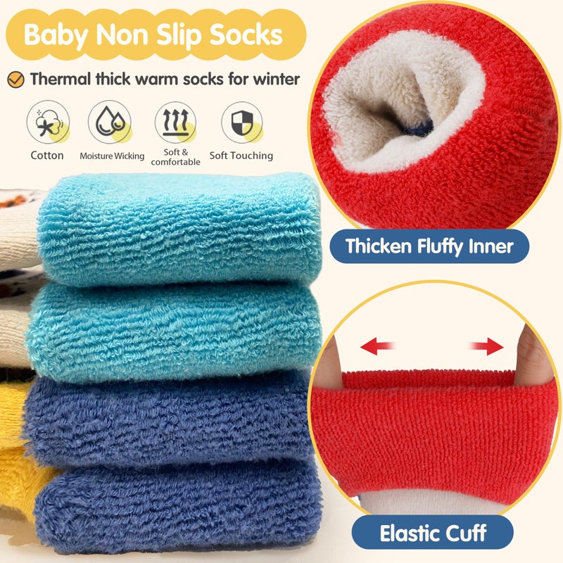 Sandsuced Toddlers Kids Grips Socks Warm Thermal Winter Thick Baby Boys Infants Anti Slip Non Skid Ankle Crew Funny Cartoon Gift Cotton Socks with Grippers 9 Pairs Stocking Stuffers(Puppy & Car,3-5 T) - Image 2