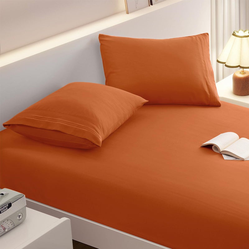 vveiiye Queen Fitted Sheet with 2 Pillowcase Soft Microfiber Sheet Set 16" Deep Pocket Bed Sheets, Wrinkle Free and Easy Care Bottom Sheet for Queen Size Bed, Burnt Orange - Image 1