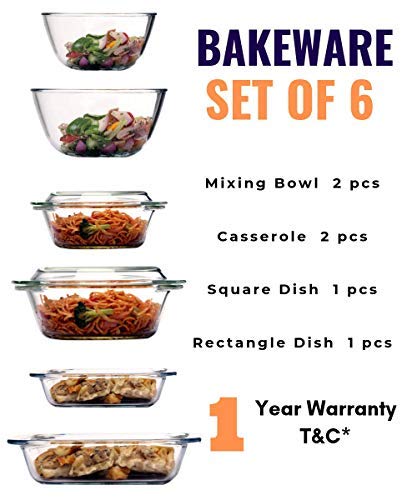 Femora Borosilicate Glass Microwave Safe Baking Dish, Casseroles, Mixing Bowl Bakeware Glass Kitchen Set of 6 (Small) (White), 700 Milliliter - Image 2