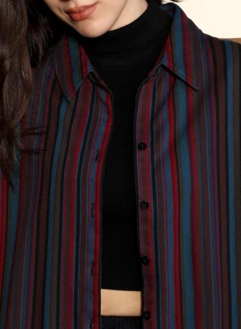 PINACOLADA  Women's Crimson Red:Midnight Blue Jamaican-Striped Oversized Shirt | نساء | أكمام طويلة | مخطط | طوق منتشر | كاجوال كبير الحجم | قميص for Women | Best Price UAE