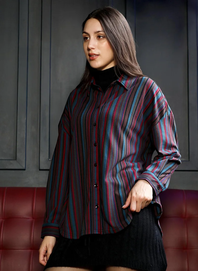 PINACOLADA  Women's Crimson Red:Midnight Blue Jamaican-Striped Oversized Shirt | نساء | أكمام طويلة | مخطط | طوق منتشر | كاجوال كبير الحجم | قميص for Women | Best Price UAE