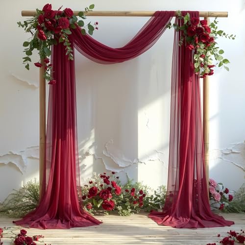 PARTISKY Wedding Arch Draping Fabric, 1 Panel Burgundy Sheer Backdrop Curtain Tulle Fabric Drapery for Arbor Wedding Archway Ceremony Party Ceiling Decor Backdrop - Image 1