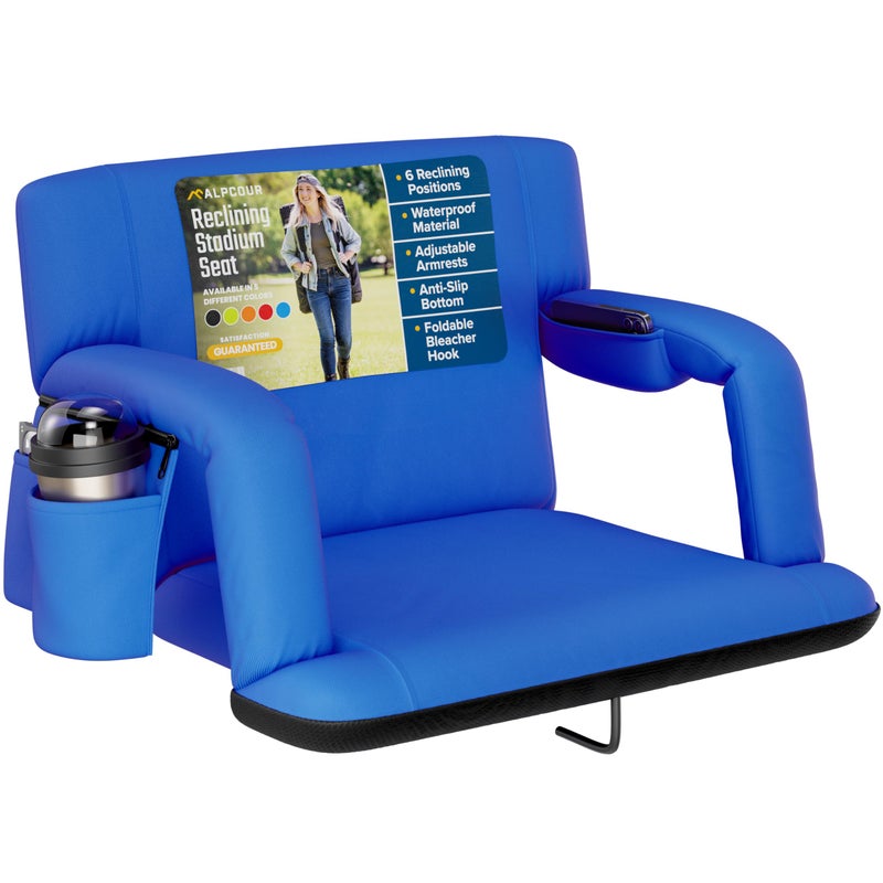 Alpcour Alpcour Reclining Stadium Seat  Wide Bleacher Chair with Back Support and Cushion Armrests Side Pockets and Bleachers Hook  Best Stadium Seats Chairs for Camping Kayak  Paddle Board Backs 
