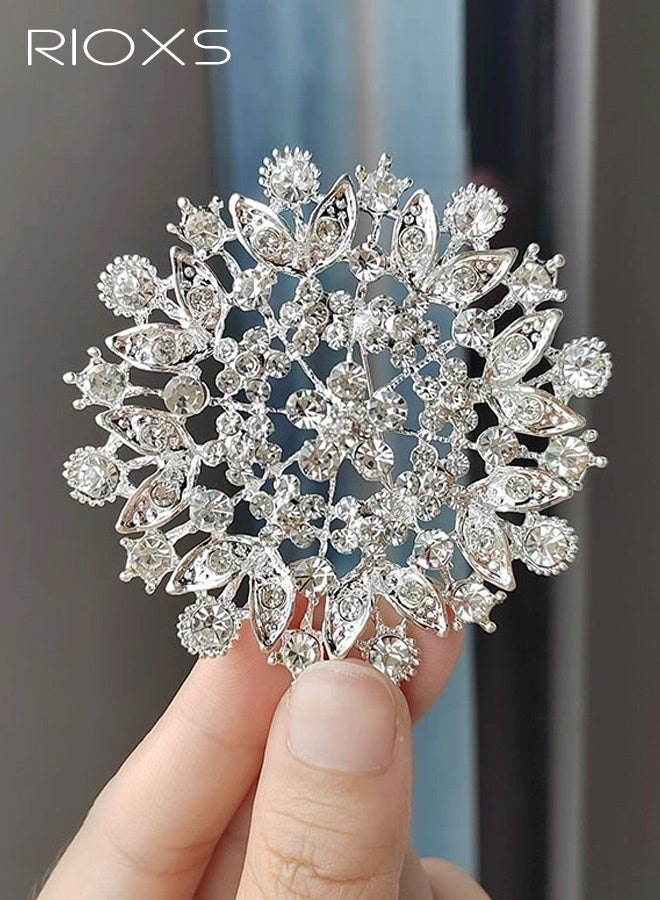 RIOXS Crystal Rhinestone Brooch Flower for Women, Silver Sparkling Large Crystal Flower Brooch, Vintage Floral Lapel Pins Rhinestone Flower Bouquet Broochs, Wedding Bridal Dress Jewelry for Ladies - Image 1
