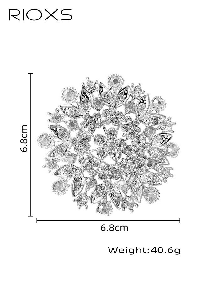 RIOXS Crystal Rhinestone Brooch Flower for Women, Silver Sparkling Large Crystal Flower Brooch, Vintage Floral Lapel Pins Rhinestone Flower Bouquet Broochs, Wedding Bridal Dress Jewelry for Ladies - Image 2